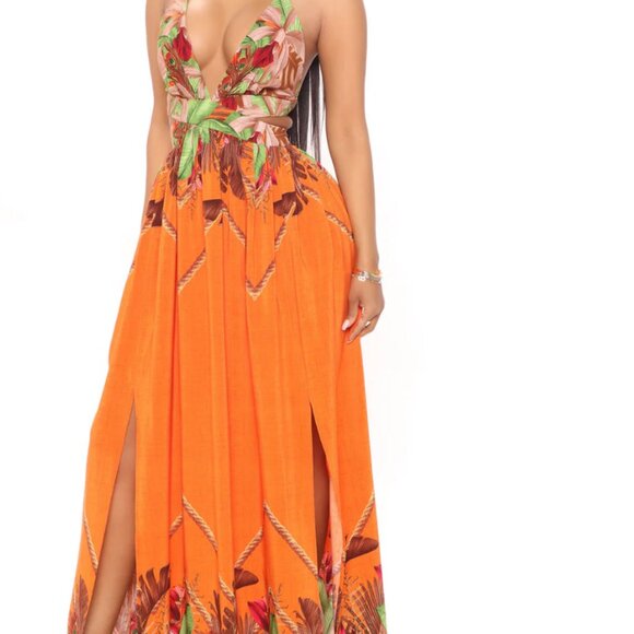 Fashion Nova Dresses & Skirts - Fashion Nova Tropical Cut-Out Maxi Dress - Orange Combo -Large
